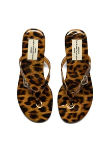 Trivaya Women's Brown Leopard Print Rhinestone Heart Decor Wedge Beach Sandals (Run Small, Slightly Rigid), Suitable For Beach Vacation, European And American Style Personalized Wedge Thong Sandals, Fashion Versatile Simple Lightweight Casual Flip Flops - Brown - View 3