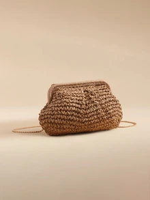 Glizzene 1 Stück Damen Sommer Geflecht Umhängetasche mit Quasten Kette, Schulter Papier Geflecht Strandtasche, handgefertigte Geldbörse, 1 Stück hellbeige Papier Geflecht Clutch, Damen Strandtasche, perfekt für den Urlaub, ideale Wahl für modebewusste Damen - Khaki - Übersicht 2