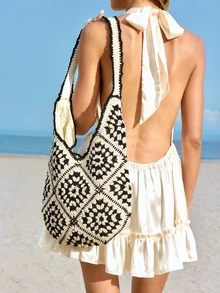 Trivaya Women's Knitted Hollow Out Colorblock Large Capacity Tote Bag, Fashion Beach Resort Handbag, Summer Outfits - View 3