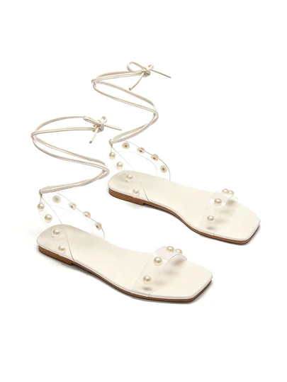 Trivaya 1 Pair Elegant & Fashion Boho Style Beach Wedding Sandals, PU Leather Pearl Decor Criss-Cross Strap Flat Shoes, Suitable For Outdoor/Wedding Parties In Summer, White Color