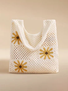 Glizzene Minimalist Hollow Design Crochet Knitted Tote Bag, Large Capacity Portable Vacation Bag, Suitable For Working Women, Students, High School, College - Multicolor - View 4