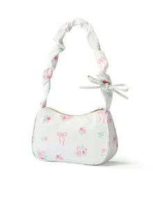 Trivaya 1pc White Nylon Floral Print Zipper Casual Shoulder Bag, Versatile & Fashionable For Women Daily Use, Cream Bag - White - View 3