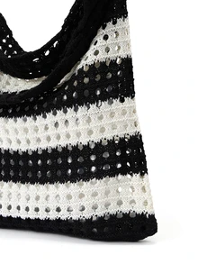 Trivaya Women's Aesthetic Contrast Color Knitted Shoulder Bag Hollow Out Stripe Tote Handbag Woven Female Fashion Accessory Hollow Out Tote Bag Shopping Bags Shoulder Bags Crochet Stripe Knitted Beach Bags Large Capacity Versatile Bags For Women - Black and White - View 6