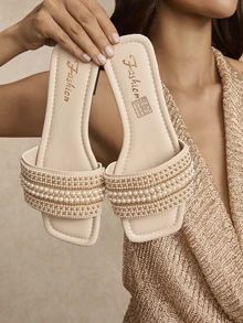 Tropiscape Korean Style Rhinestone Flat Sandals For Women, Summer Outdoor Wear, New Stylish Square Toe Strap Slides,Beach Outfits Cottagecore,SummerOutfit - Beige - View 2
