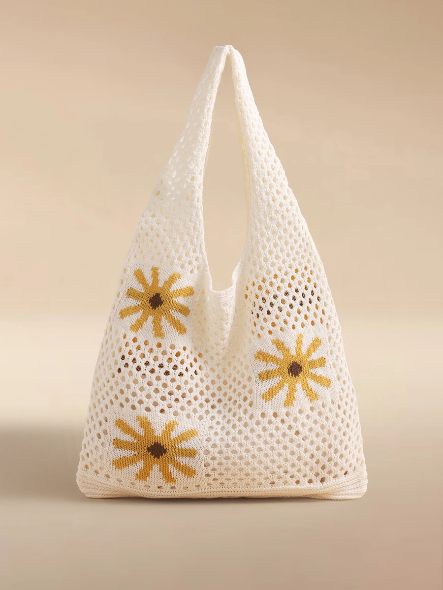 Glizzene Minimalist Hollow Design Crochet Knitted Tote Bag, Large Capacity Portable Vacation Bag, Suitable For Working Women, Students, High School, College - Multicolor - View 1