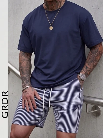  Conjunto casual de camiseta de manga corta de cuello redondo y pantalones cortos con cordón para hombre GRDR