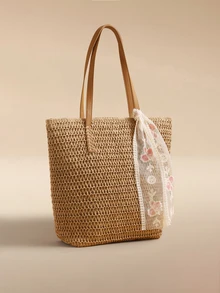 Glizzene 1 chiếc túi tote giấy dệt cỡ lớn thời trang mùa hè, kiểu dáng giản dị, trang trí nơ, có khóa kéo, thích hợp cho nữ đi nghỉ mát, dạo chơi, mua sắm và sử dụng hàng ngày. - Màu Khaki - Xem 2