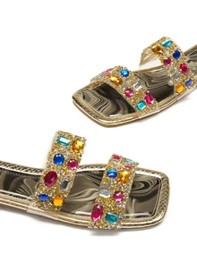 Trivaya Summer Fashionable Colorful Rhinestone Women Flat Sandals, Comfortable Casual Open-Toe Slippers Suitable For Outdoor, Beach, Party - Black - View 5