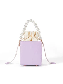 Mini Ruched Drawstring Box Pouch, Fashionable Drawstring Closure Handbag , Purple - Purple - View 3