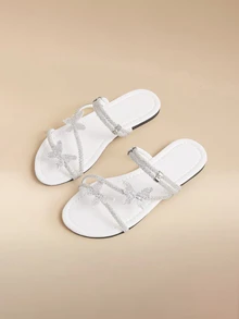 Glizzene Colorful Crystal Bow Tie Dual Wear Women Sandals, Slip-On Slide Flats Suitable For Outdoor, Party, Casual, French Fashion Style, Silver,Spring Summer Outfits - White - View 1