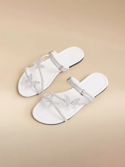 Glizzene Colorful Crystal Bow Tie Dual Wear Women Sandals, Slip-On Slide Flats Suitable For Outdoor, Party, Casual, French Fashion Style, Silver,Spring Summer Outfits