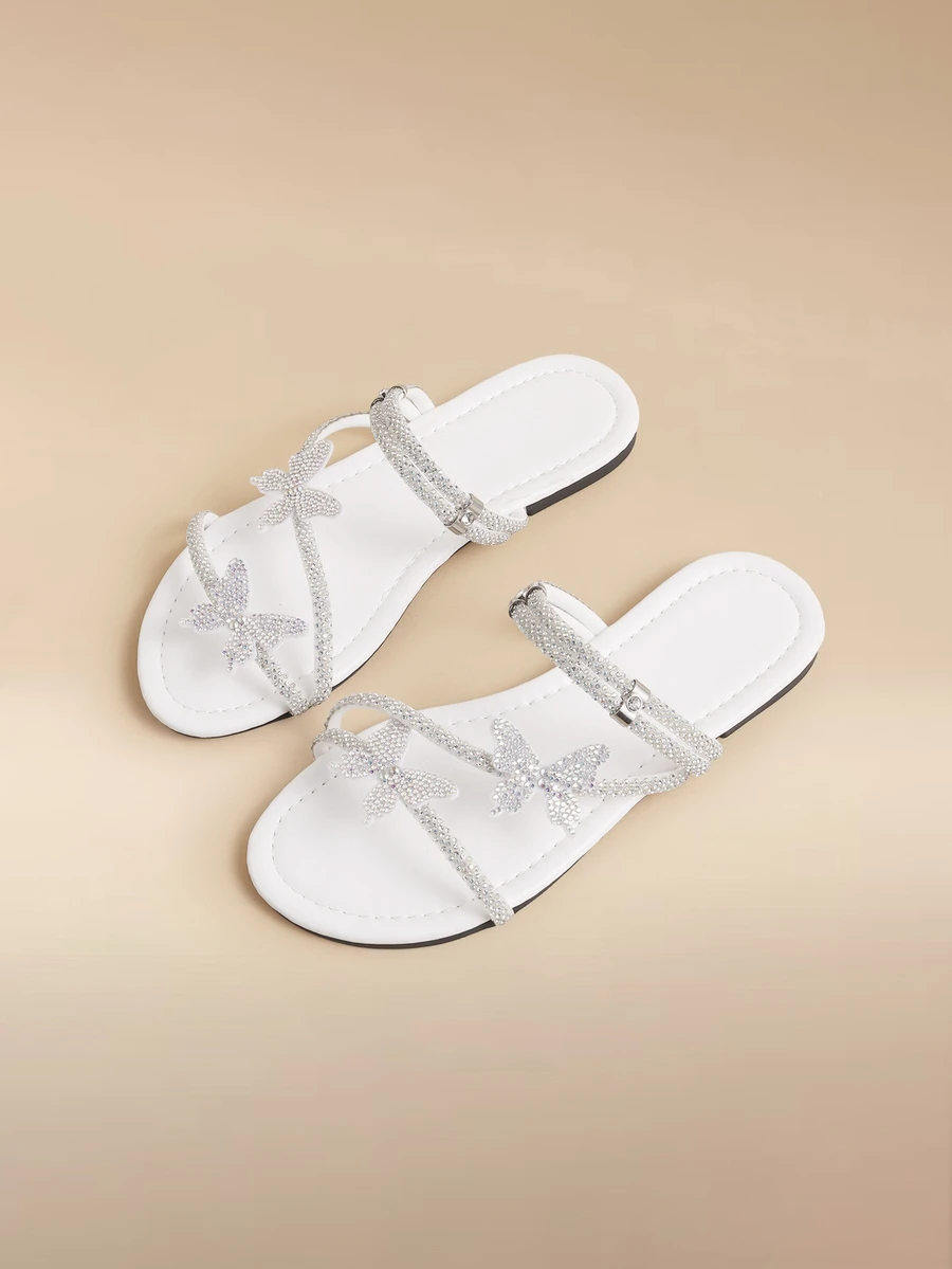 Glizzene Colorful Crystal Bow Tie Dual Wear Women Sandals, Slip-On Slide Flats Suitable For Outdoor, Party, Casual, French Fashion Style, Silver,Spring Summer Outfits - White - View 1