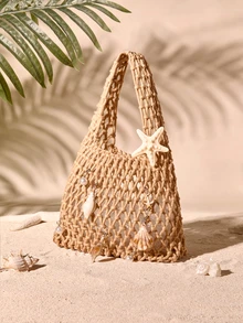 Tropiscape Colgante de moda casual con tema oceánico, diseño de ganchillo hueco de unicolor con forma de mano, estilo abierto, adecuado para vacaciones, viajes, estilo romántico, adecuado para manos pequeñas de mujeres, viajes al aire libre, vacaciones, combinación de moda casual diaria, también un gran regalo para familiares y amigos. Ganchillo, vacaciones, vacaciones Cottagecore, atuendo de verano - Caqui - Ver 4