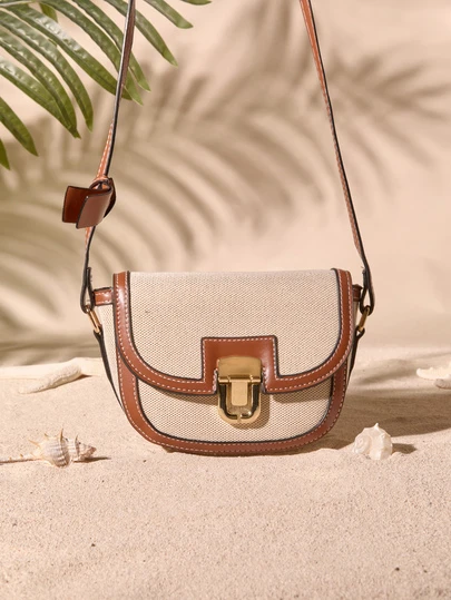 Tropiscape Canvas Color Block Patchwork Small Flap Bag, Suitable For Girls, Women, Students, Professionals, Office, Commuting, School Cottagecore,SummerOutfit
