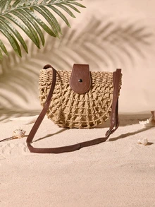 Tropiscape Hollow Out Design Straw Bag, Beach Essentials Women Bags For Vacation & Holiday, Wicker Bag, Summer Straw Beach Bag For Women, Vacation Essentials, Perfectly Matching With Beach Accessories Women, Newest Holiday Bag, Hottest Beach Bags Cottagecore,SummerOutfit - Khaki - View 2