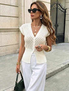 Áo khoác cardigan dệt kim màu trắng khoét lỗ mùa hè mới, cổ chữ V, cài một hàng khuy, dáng ôm, phong cách công sở thanh lịch, phù hợp cho đi làm và mặc thường ngày vào mùa xuân/hè. - trắng - Xem 2