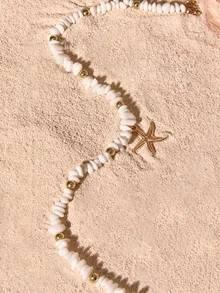 Tropiscape 1 pieza Collar con cuentas de turquesa y colgante de estrella de mar metálica, adecuado para uso diario y de viaje de mujer, estilo Cottagecore, atuendo de verano - turquesa blanca + estrella de mar - Ver 5