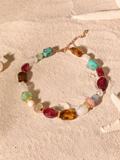 Tropiscape 1pc Vintage Bohemian Style Asymmetrical Resin Beaded Necklace, Personalized Fashion Adjustable Charm Necklace, Suitable For Women's Daily Wear, Vacation Decoration, Daily Outfit Matching (The Texture Color Of The Beads Is Not Fixed, Subject To The Actual Item) Cottagecore,SummerOutfit
