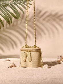 Tropiscape Woven Texture Handle Box-Shaped Handbag, Women's Spring/Summer New Fashion Chain Crossbody Small Square Bag, Versatile Beach Holiday Purse, Woven Bag Cottagecore,SummerOutfit - Khaki - View 4