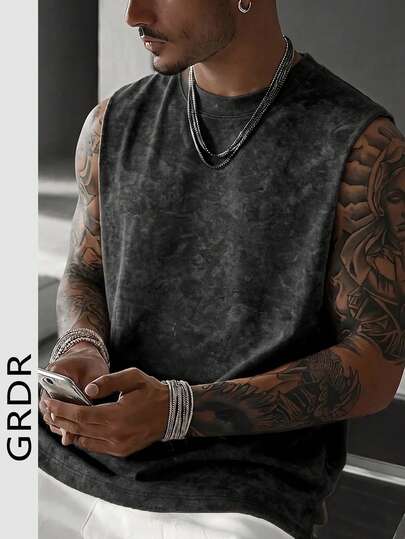  GRDR Men's Vintage Minimalist Solid Color Washed Round Neck Tank Top, Street Casual Fashion Loose Versatile