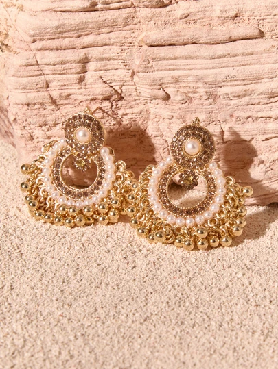 Tropiscape 1pair Of Luxurious Exaggerated Vintage Bohemian Style Hollow Out Rhinestone Earrings, Perfect For Party, Women's Fashion Accessory Cottagecore,SummerOutfit