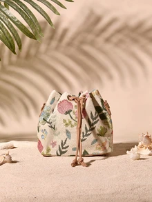 Tropiscape 1pc Fashionable Portable Commuting Drawstring Retro Bucket Bag With Floral Pattern, Simple Shoulder & Crossbody Bag, Suitable For Women Daily Use Cottagecore,SummerOutfit - Multicolor - View 4