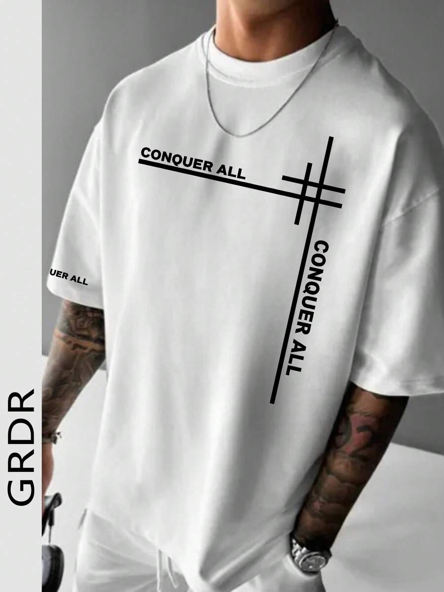GRDR Men's Minimalist Fashionable Line & English Slogan Graphic Short Sleeve T-Shirt - White - View 1