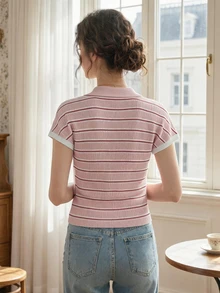 Knit Mix Damen eleganter, lässiger gestreifter Pullover mit Kragen, Knöpfen und Kapuze, Kurzarm, geeignet für Frühling/Sommer, Alltag, Zuhause, Pendeln, Büro, Pink - Pink - Übersicht 2