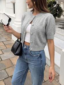 Women's Elegant Crystal Button Short Sleeve Knit Cardigan, Round Neck Puff Sleeve Lightweight Sweater, Casual For Office And Dating - Silver - View 2