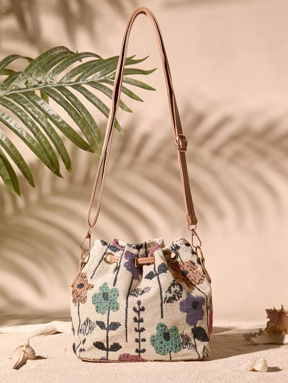Tropiscape Nueva mini bolsa de hombro de estilo chino de tela, bolsa de hombro de caligrafía, bolsa de cubo con estampado retro para mujeres, bolso de mano de moda casual para damas, bolso de mano, bolso pequeño, playa Cottagecore, atuendo de verano