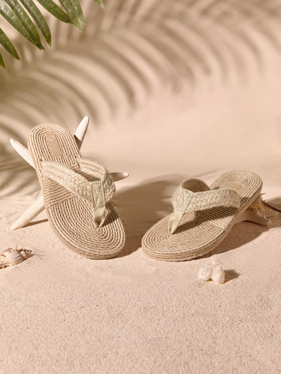 Tropiscape Women's Fashionable Khaki-Colored Summer Shoe, Woven Patterned Flat Sandal, Casual Beach Lady Slipper, Natural Flatform, Flip Flop Cottagecore - Khaki - View 1