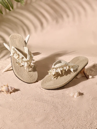 Tropiscape Bohemian Style Shell & Starfish Elegant Beachwear, Fashionable Chic Pearls Ocean Creature Outdoor Beach Party Holiday Sandals For Women Cottagecore,SummerOutfit