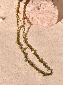 Tropiscape 1pc Vintage Necklace, Bohemian Style Colorful Shell Beaded Double Layer Necklace, Retro Luxurious Holiday Long Necklace, Stackable, Assorted Gemstone And Pearl Colors And Shapes Cottagecore,SummerOutfit Witch Halloween, Trick Or Treat, Spooky, Haunted, Creepy, Scary, Boo - Green - View 5
