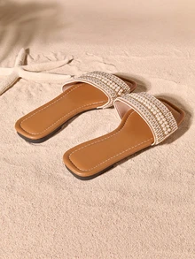 Tropiscape Sandálias femininas com tira única e detalhes em strass, chinelos de plástico versáteis para uso externo, estilo cottagecore, perfeitas para o verão. - Caqui - Ver 3
