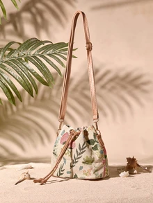 Tropiscape 1pc Fashionable Portable Commuting Drawstring Retro Bucket Bag With Floral Pattern, Simple Shoulder & Crossbody Bag, Suitable For Women Daily Use Cottagecore,SummerOutfit - Multicolor - View 5