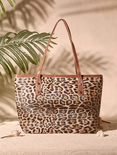 Tropiscape Two-Piece Set Of Women's Large Capacity Leopard Print Handbags, Fashionable Retro PU Shoulder Bags, Suitable For Female College Students, Novices And White-Collar Families, Suitable For Office, College, Work, Business, Commuting, Outdoor, Travel, Outing, Women's Cheetah Print Bag Leopard Print Return , Leopard Cheetah Print Cottagecore,SummerOutfit