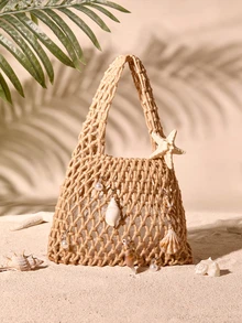 Tropiscape Colgante de moda casual con tema oceánico, diseño de ganchillo hueco de unicolor con forma de mano, estilo abierto, adecuado para vacaciones, viajes, estilo romántico, adecuado para manos pequeñas de mujeres, viajes al aire libre, vacaciones, combinación de moda casual diaria, también un gran regalo para familiares y amigos. Ganchillo, vacaciones, vacaciones Cottagecore, atuendo de verano - Caqui - Ver 1