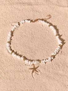 Tropiscape 1 pieza Collar con cuentas de turquesa y colgante de estrella de mar metálica, adecuado para uso diario y de viaje de mujer, estilo Cottagecore, atuendo de verano - turquesa blanca + estrella de mar - Ver 1