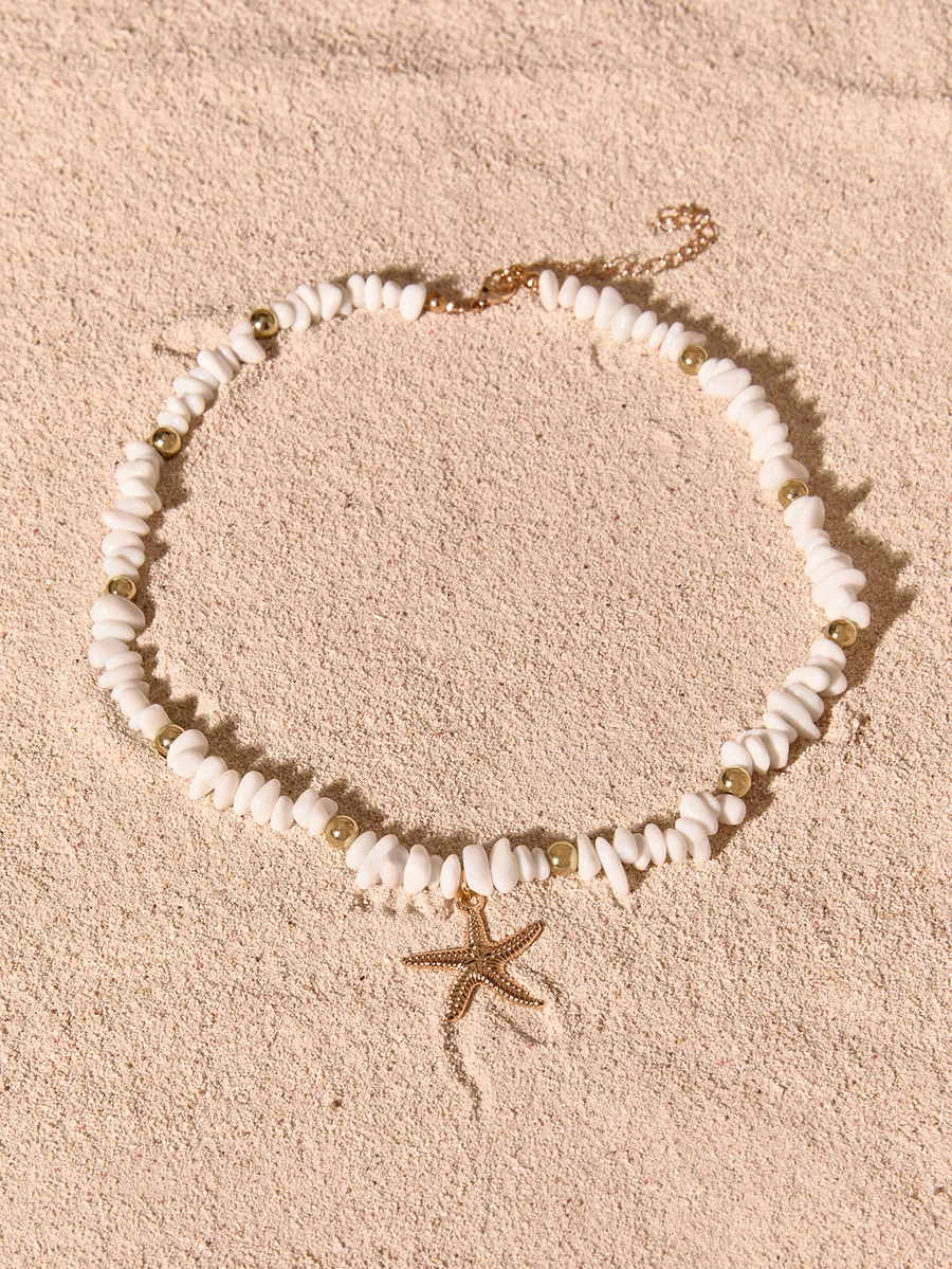 Tropiscape 1 pieza Collar con cuentas de turquesa y colgante de estrella de mar metálica, adecuado para uso diario y de viaje de mujer, estilo Cottagecore, atuendo de verano - turquesa blanca + estrella de mar - Ver 1