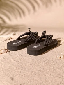 Tropiscape European And American Women Flat Sandals, Beach Flip Flops, Butterfly And Flower Rhinestone Decoration Home Slippers Fashionable And Cottagecore,SummerOutfit - Black - View 3