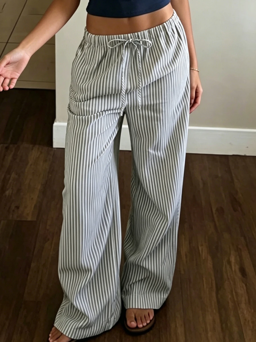 Pantalones anchos de mujer de poliéster a rayas, para ir al trabajo y uso casual, de largo completo, con tela sin estiramiento - Blanco y Negro - Ver 1
