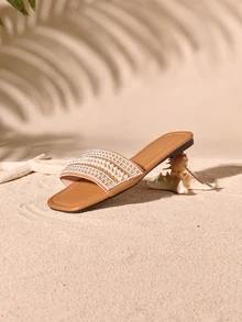 Tropiscape Sandálias femininas com tira única e detalhes em strass, chinelos de plástico versáteis para uso externo, estilo cottagecore, perfeitas para o verão. - Caqui - Ver 5