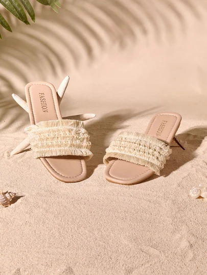 Tropiscape 1 Pair Fashion Elegant Vacation Fringe Flat Sandals For Women, Beach Summer Shoes With Pearls, Indoor Slippers, Knitted Upper, Soft Midsole, Travel & Holiday, Stylish Casual, Fairy Style, Summer Flat Slides Cottagecore,SummerOutfit