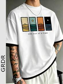 GRDR Camiseta de manga corta de cuello redondo clásica de verano 2 en 1 para hombre, estampada, minimalista de moda y versátil para el transporte - Blanco - Ver 1