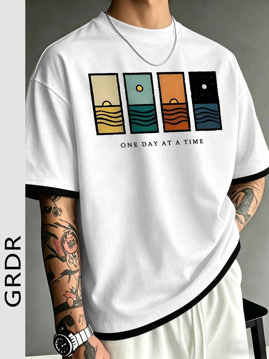 GRDR Camiseta de manga corta de cuello redondo clásica de verano 2 en 1 para hombre, estampada, minimalista de moda y versátil para el transporte - Blanco - Ver 1