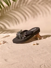 Tropiscape European And American Women Flat Sandals, Beach Flip Flops, Butterfly And Flower Rhinestone Decoration Home Slippers Fashionable And Cottagecore,SummerOutfit - Black - View 5