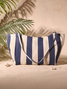 Tropiscape Túi tote vải kẻ sọc phong cách retro, thời trang Hàn Quốc, túi đeo vai rộng rãi, thoải mái dành cho nữ, phù hợp cho du lịch và kỳ nghỉ, đựng đồ dùng học tập, cặp sách, túi xách đi học, túi tote đi học, cặp sách đi học, túi đựng đồ đi học, dung tích lớn, nhẹ, dễ mang theo, có thể gấp gọn, phong cách cổ điển, phù hợp cho nữ sinh, sinh viên đại học, hoàn hảo cho mùa tựu trường, ngày đầu tiên đi học, mua sắm, kỳ nghỉ, đi biển, túi tote đi học, đồ dùng cần thiết cho đại học, đồ dùng cần thiết cho kỳ nghỉ, túi đi biển, phong cách nghỉ dưỡng mùa hè, trang phục mùa hè. - Màu xanh lam - Xem 4