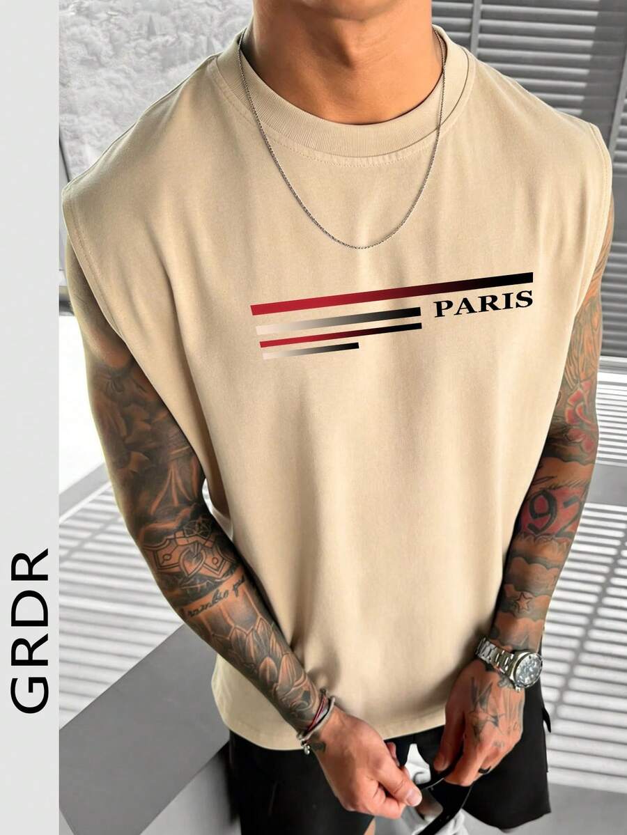 GRDR Camiseta de tirantes de verano para hombre con estampado sutil minimalista, de corte holgado y versátil, con cuello redondo - Albaricoque - Ver 1