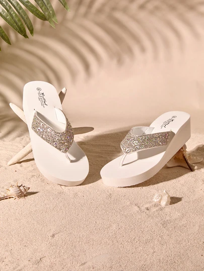Tropiscape Women's Elegant Summer Fashion Rhinestone Flip Flops, Thick Sole Wedge Beach Wedding Slippers Cottagecore,SummerOutfit