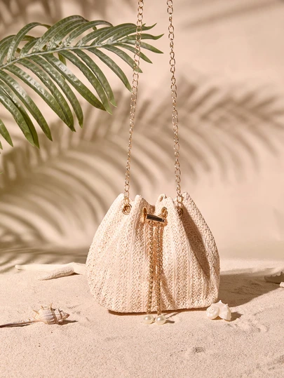 Tropiscape 2026 Nuevo bolso cruzado de paja de trigo tejido blanco de primavera/verano, bolso cubo de cadena metálica, para playa, fiesta, regalo de vacaciones para mujeres, bolso tejido, bolso crema Cottagecore, atuendo de verano